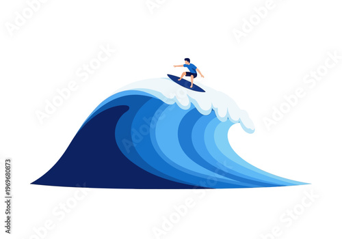 Surfer riding a massive blue wave with white foam on a white background
