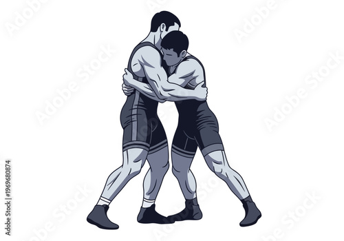 Two male wrestlers locked in a close-quarters grappling hold during a competitive match