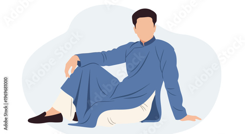 Man in Blue Traditional Vietnamese Ao Dai Sitting