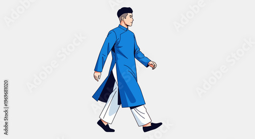 Man in traditional blue ao dai walking, side view