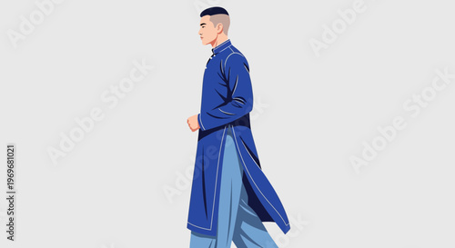 Man in traditional blue tunic and trousers walking, side view