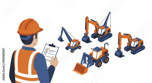 Construction Worker Inspecting Heavy Equipment on Site.