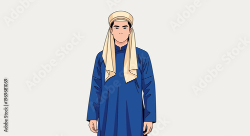 Man in traditional Vietnamese Ao Dai attire with headscarf