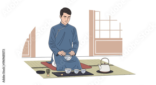 Man Performing Traditional Japanese Tea Ceremony