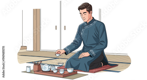 Man performing traditional tea ceremony in tatami room