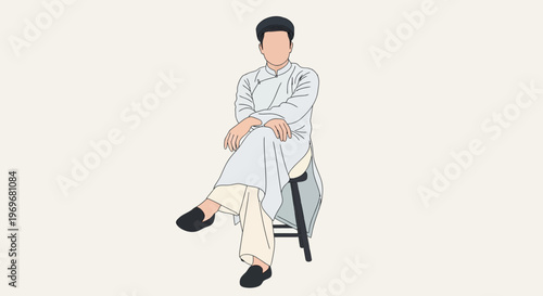 Man in traditional asian clothing sitting on chair, minimalist illustration