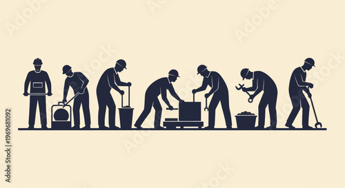 Construction workers performing various tasks in a line.