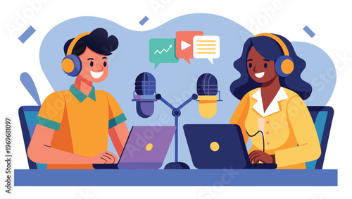 Two people engage in podcasting while using laptops and microphones in a studio setting during the day