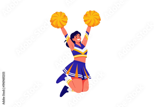 Energetic cheerleader with pom-poms jumping in the air, celebrating a victory with enthusiasm and spirit