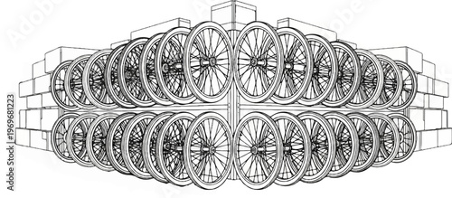 Wireframe rendering of stacked wheels within a brick structure