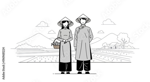 Vietnamese Couple in Traditional Attire and Conical Hats in Rural Landscape