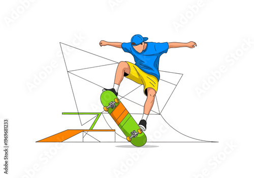 Youngster performing a cool skateboarding trick on a ramp with geometric background