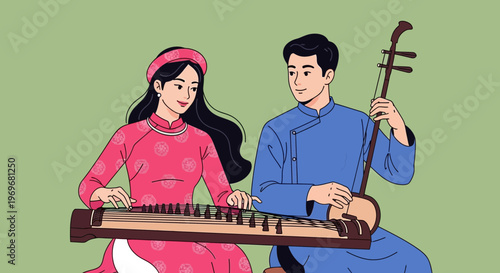 Vietnamese couple playing traditional music instruments