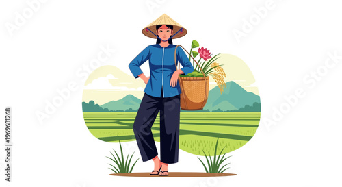 Vietnamese farmer woman with conical hat and basket in rice field