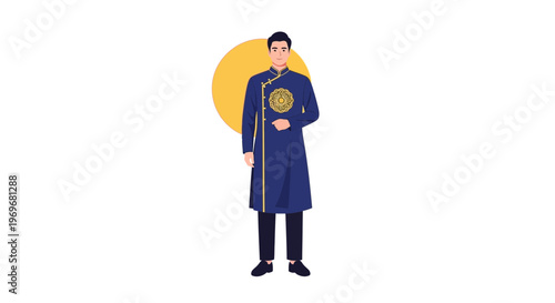 Vietnamese Man in Traditional Ao Dai Costume with Sun Emblem