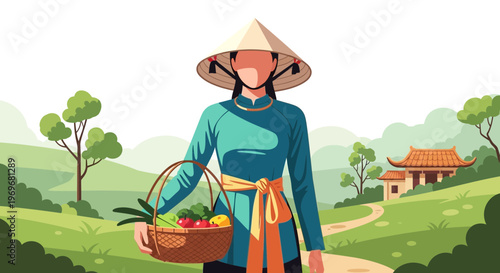 Vietnamese farmer woman with conical hat carrying basket of vegetables in rural landscape