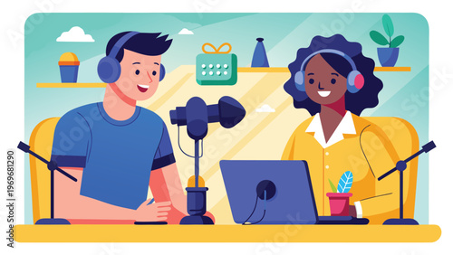 Podcast recording session at a studio with two hosts engaging with each other