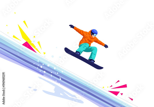 Snowboarder in mid-air during a winter sports competition, executing a dynamic jump with colorful abstract elements