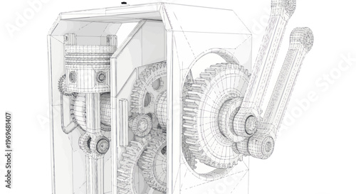 Detailed technical drawing of an internal combustion engine mechanism.
