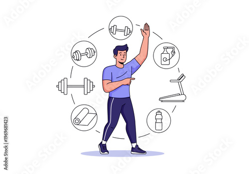 Man surrounded by fitness equipment and workout icons, representing healthy lifestyle and exercise