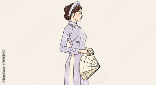 Vietnamese woman in traditional ao dai holding a conical hat