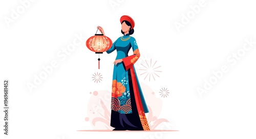 Vietnamese woman in traditional ao dai holding a lantern, festive illustration