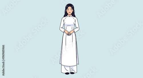 Vietnamese woman in traditional white ao dai dress and pants, isolated illustration