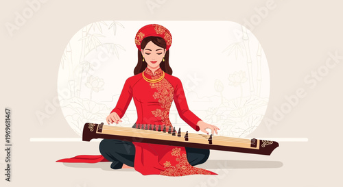 Vietnamese woman in traditional red ao dai playing dan tranh instrument