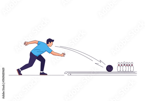 Man throwing bowling ball down lane at pins, action illustration