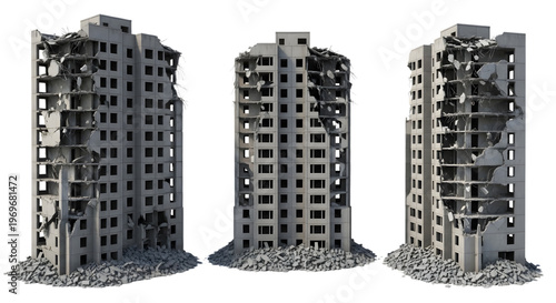 崩壊した高層ビル群の3つの異なる角度からの視点、瓦礫とコンクリートの構造物 isolated on a transparent background building ruins destruction