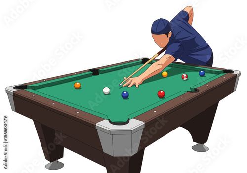 Man playing a game of billiards on a green felt pool table with colorful balls and cues