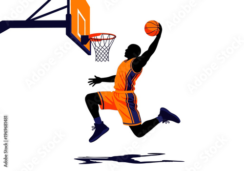 Dynamic illustration of a basketball player performing a powerful slam dunk in mid-air on a white background