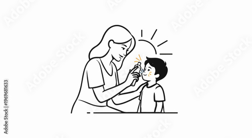 Woman applying sunscreen to child's face under the sun