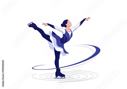 Elegant female figure skater performing an arabesque on ice with swirling motion lines