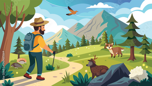 Hiker walks on a trail in a valley surrounded by mountains and wildlife under a clear sky during daytime