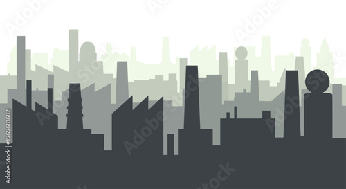 Industrial city skyline silhouette with factories and buildings.