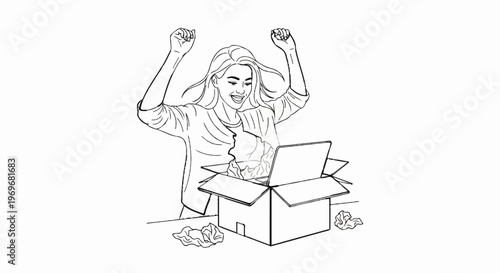 Woman celebrating with a new laptop from an open box