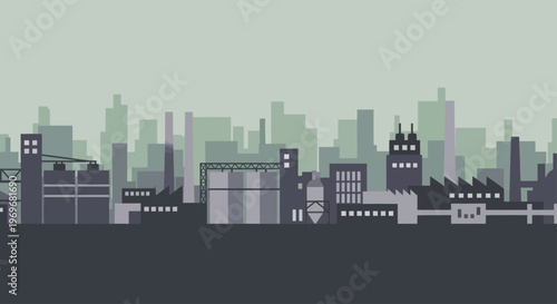 Industrial city skyline with factories and buildings.