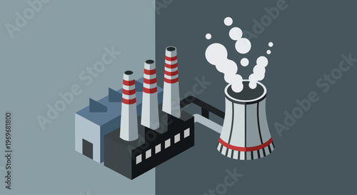 Industrial Factory and Cooling Tower Emitting Smoke.