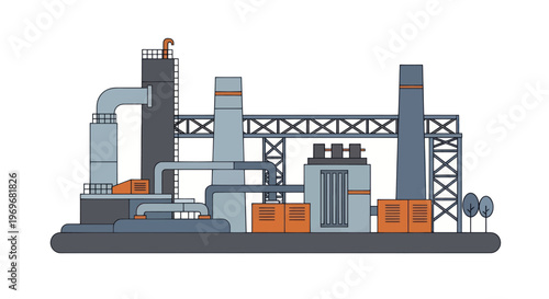 Industrial Factory Building with Smokestacks and Pipes.