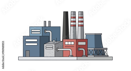 Industrial Factory Building with Smokestacks and Cooling Tower Illustration.