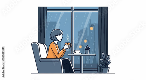 Woman enjoys hot beverage by window on rainy night