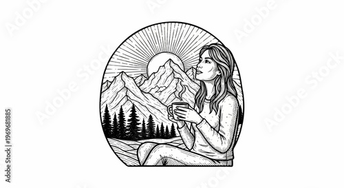 Woman enjoying morning coffee with sunrise and mountain view