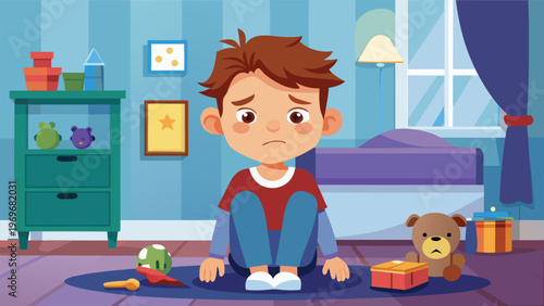 Child sits alone on the floor in a room with toys scattered around while looking sad during daytime