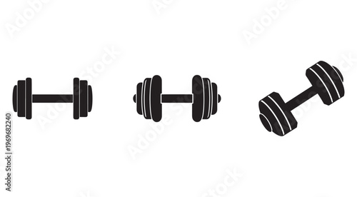 Three black dumbbells in different positions for fitness and exercise  various weights and angles shown  workout equipment