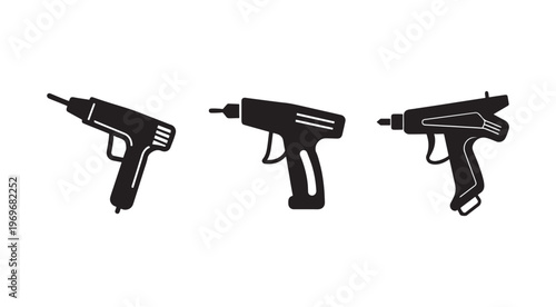 Three black drill icons in different positions and angles for graphic design and digital projects  various drill silhouettes