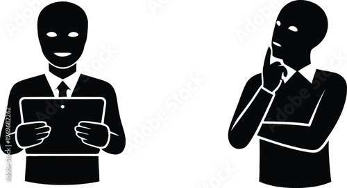 Silhouette of businessman using a digital tablet and a professional man in a deep thinking pose representing innovation and decision making in business.