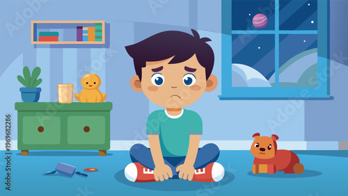 Young boy sits on the floor in a room with toys and a window showing a night sky