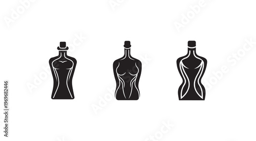 Three black female mannequins with white outlines and various head and body shapes isolated on white background