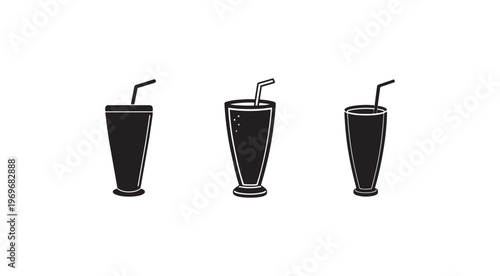 Three black glasses with straws for cold drinks on white background  illustration